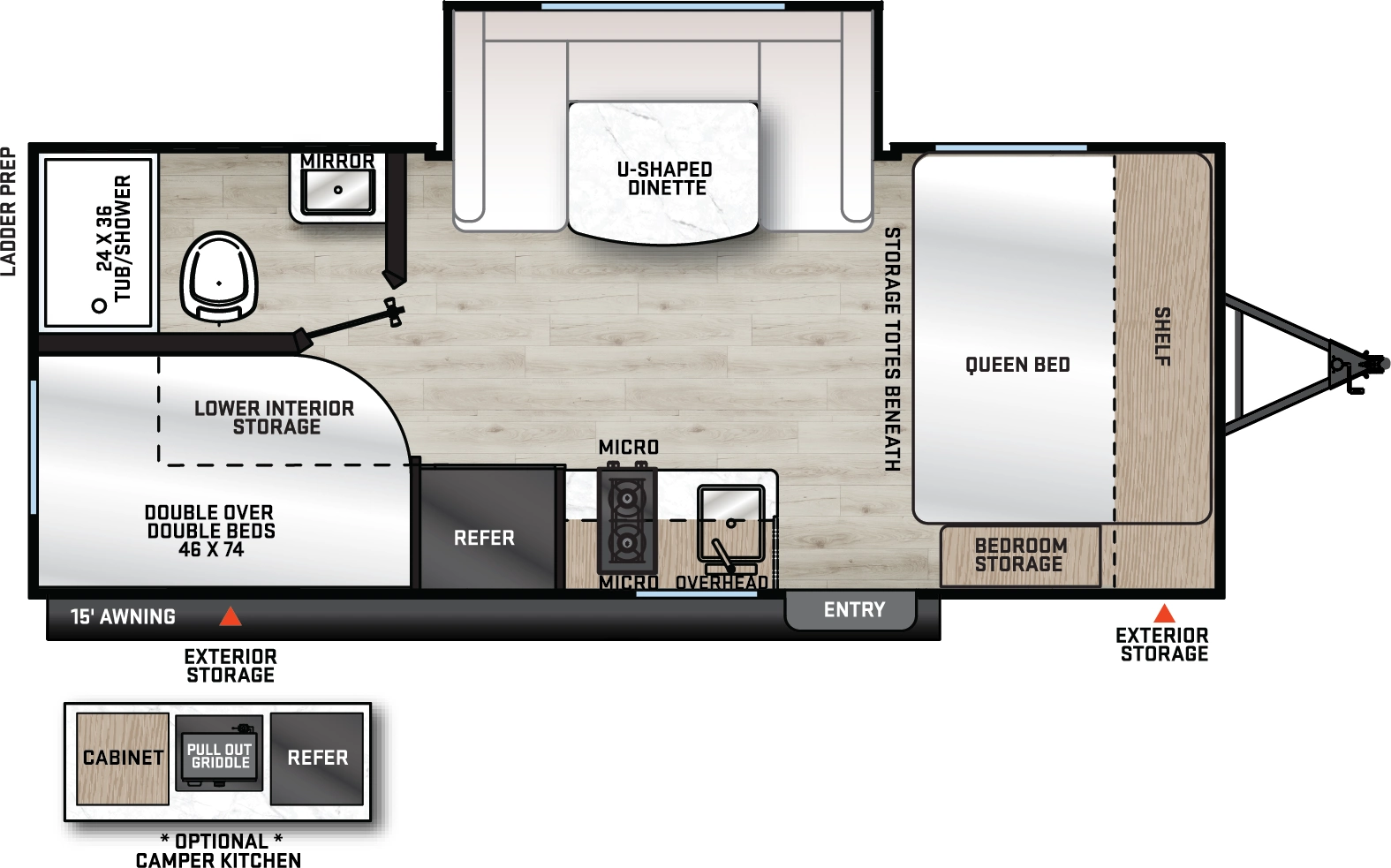 The Aurora 18BHSX floorplan has one entry and one slide out. Exterior features include: metal exterior, 15' awning and outside kitchen. Interiors features include: bunk beds, u-dinette and front bedroom.